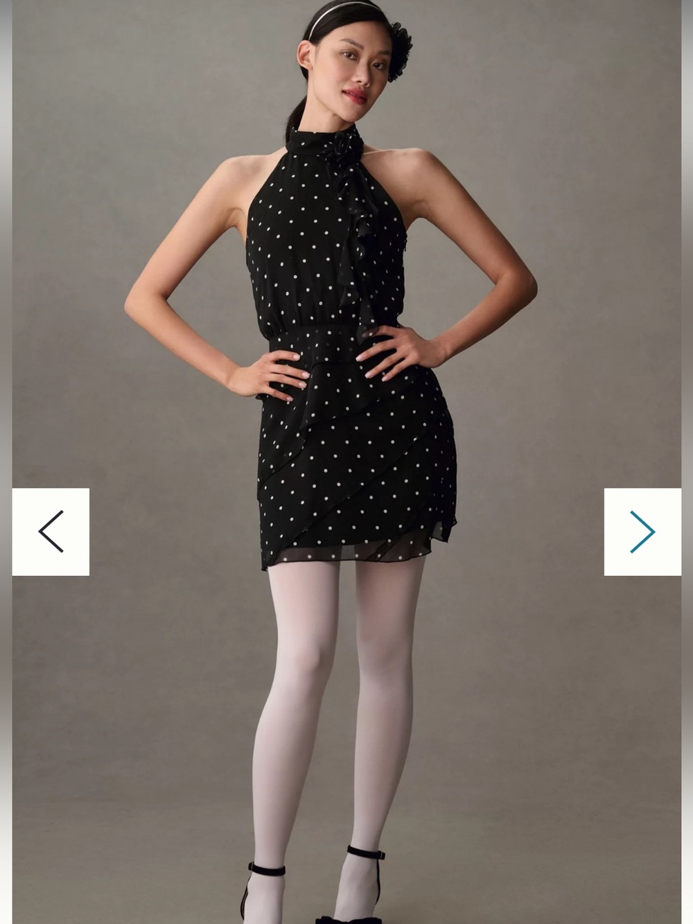 Maeve Dress - black/white polka dot “Maeve Halter Rosette Mini Dress”